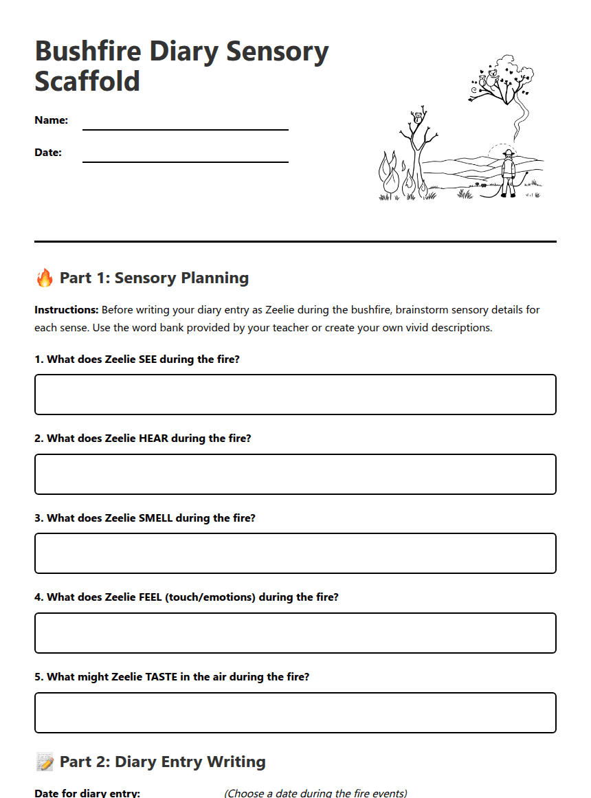 Bushfire Diary Sensory Scaffold worksheet preview