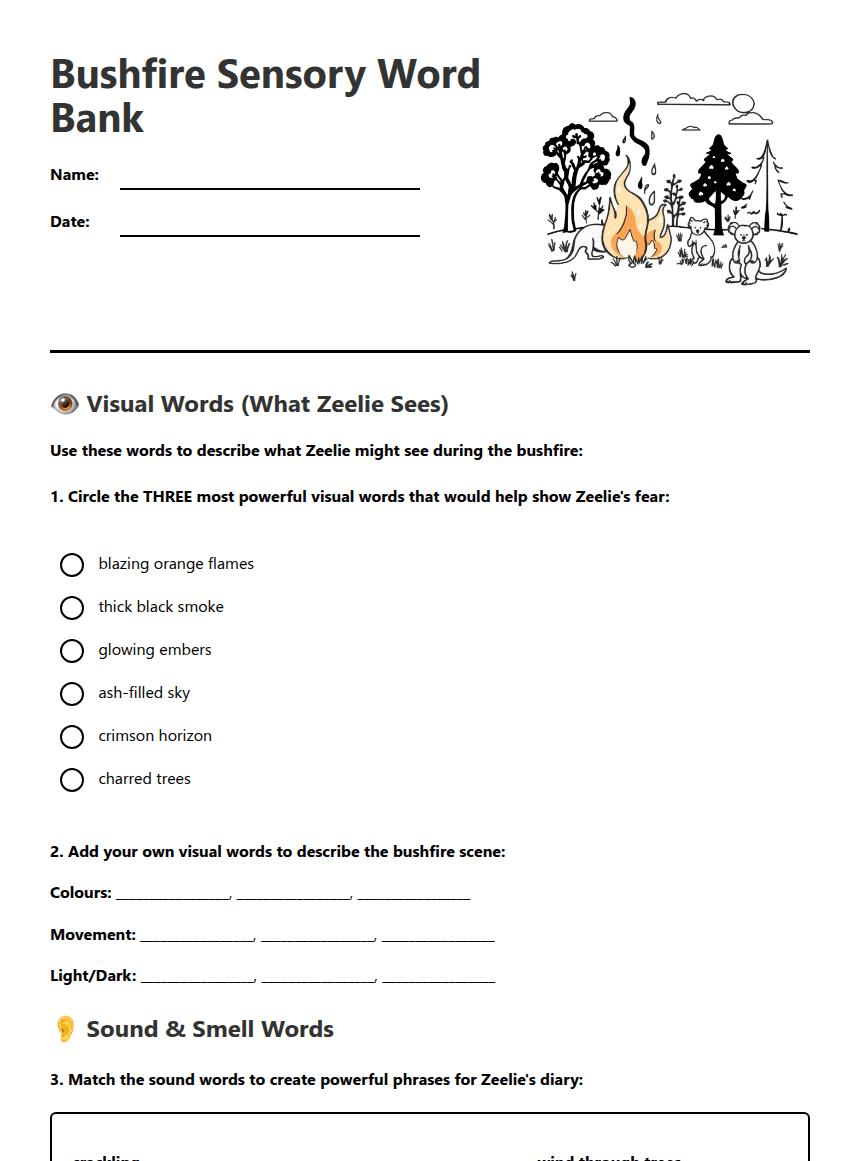 Bushfire Sensory Word Bank worksheet preview