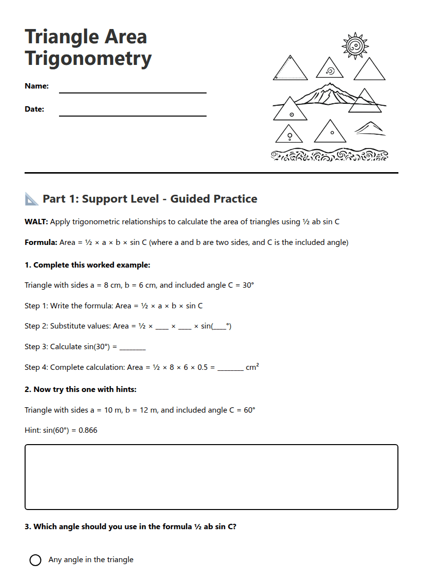 Triangle Area Trigonometry worksheet preview