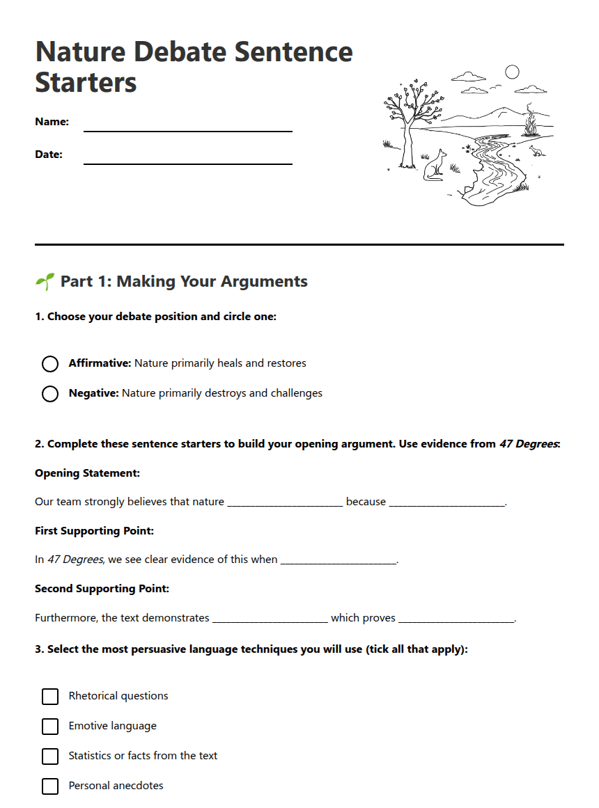 Nature Debate Sentence Starters worksheet preview