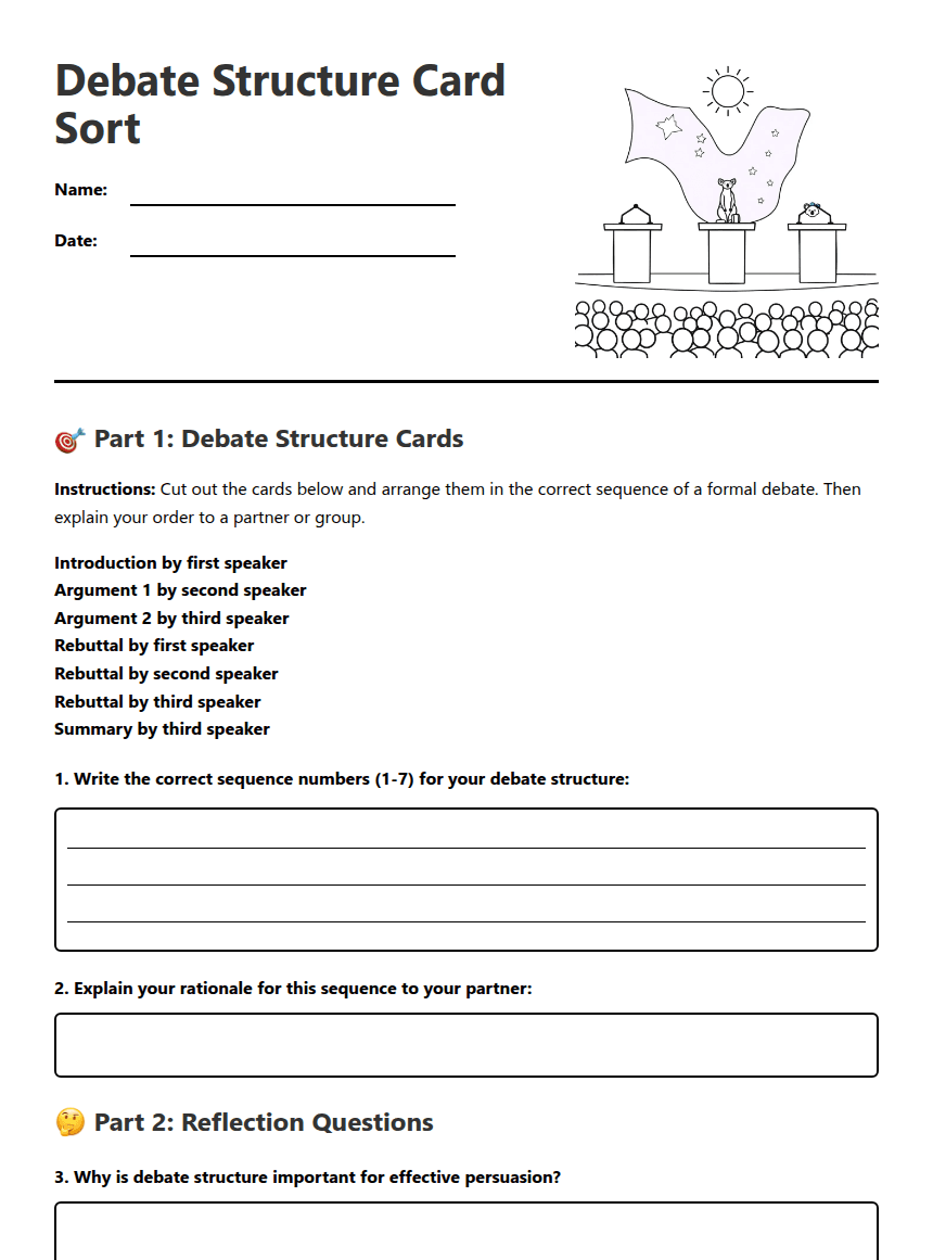 Debate Structure Card Sort worksheet preview