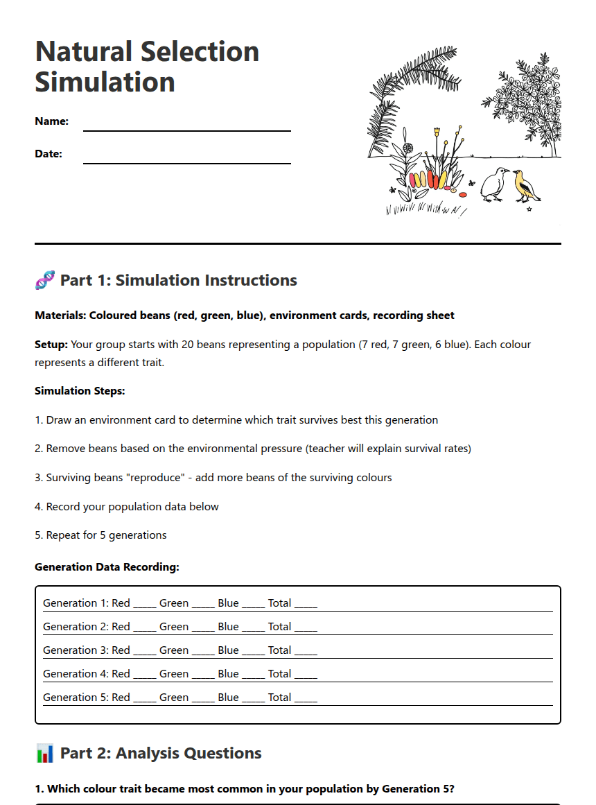 Natural Selection Simulation worksheet preview