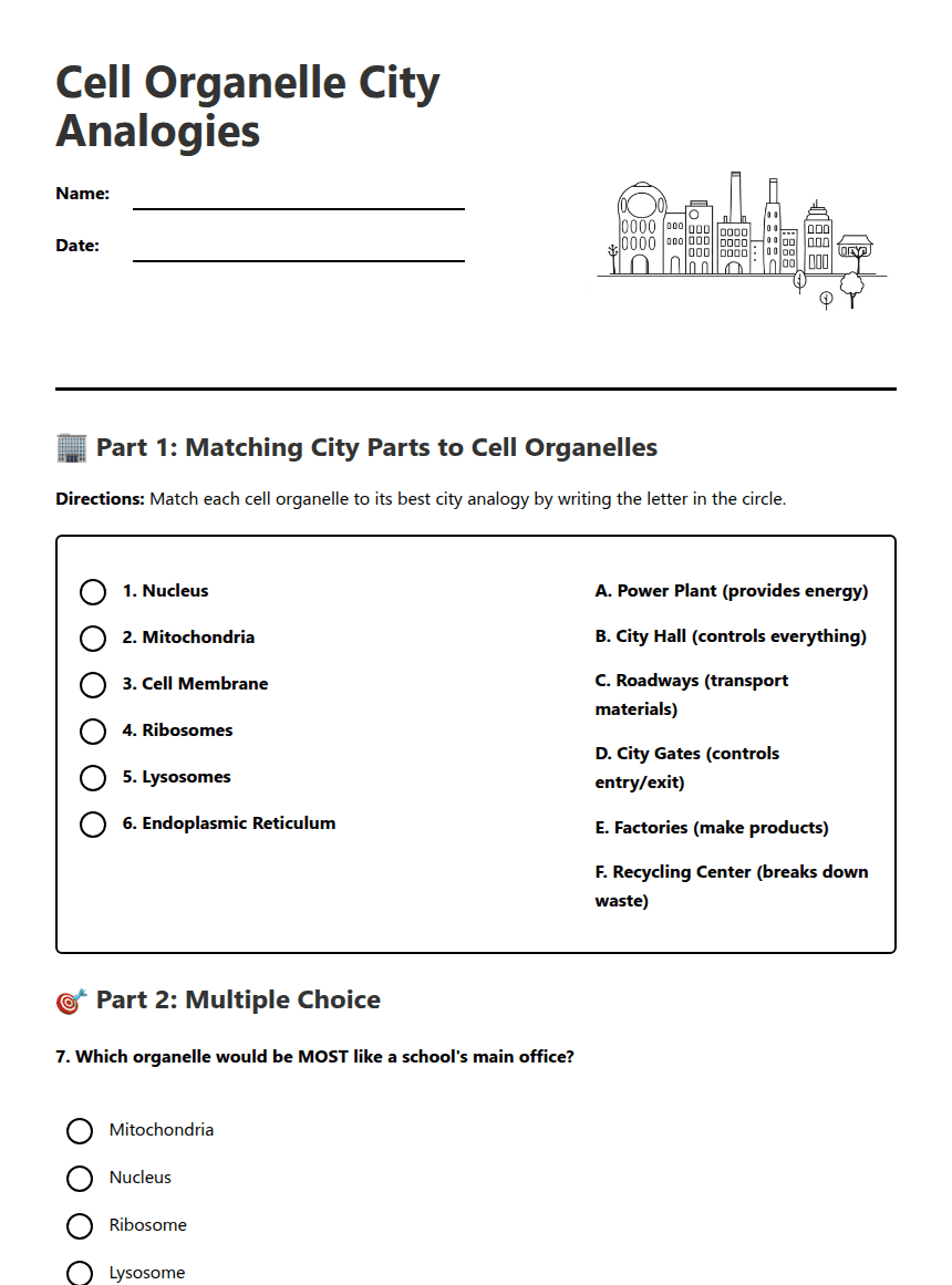 Cell Organelle City Analogies worksheet preview