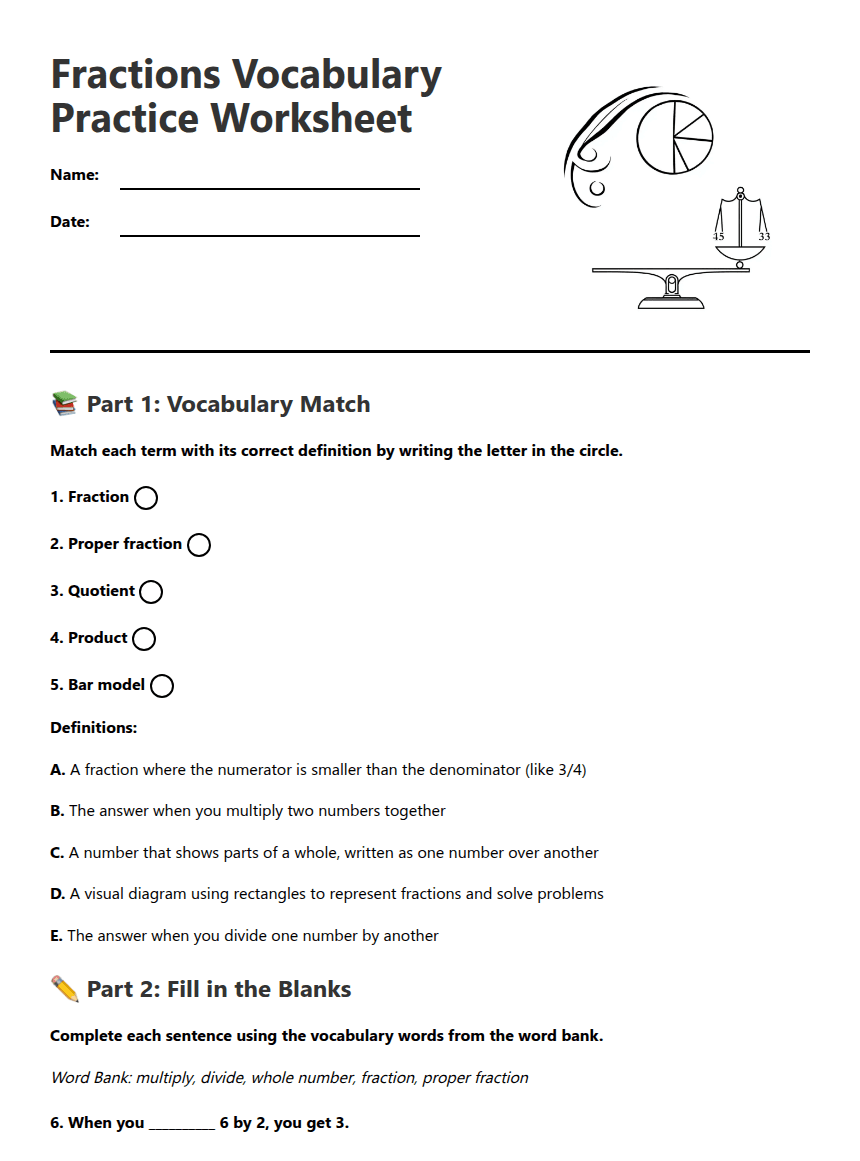Fractions Vocabulary Practice Worksheet worksheet preview