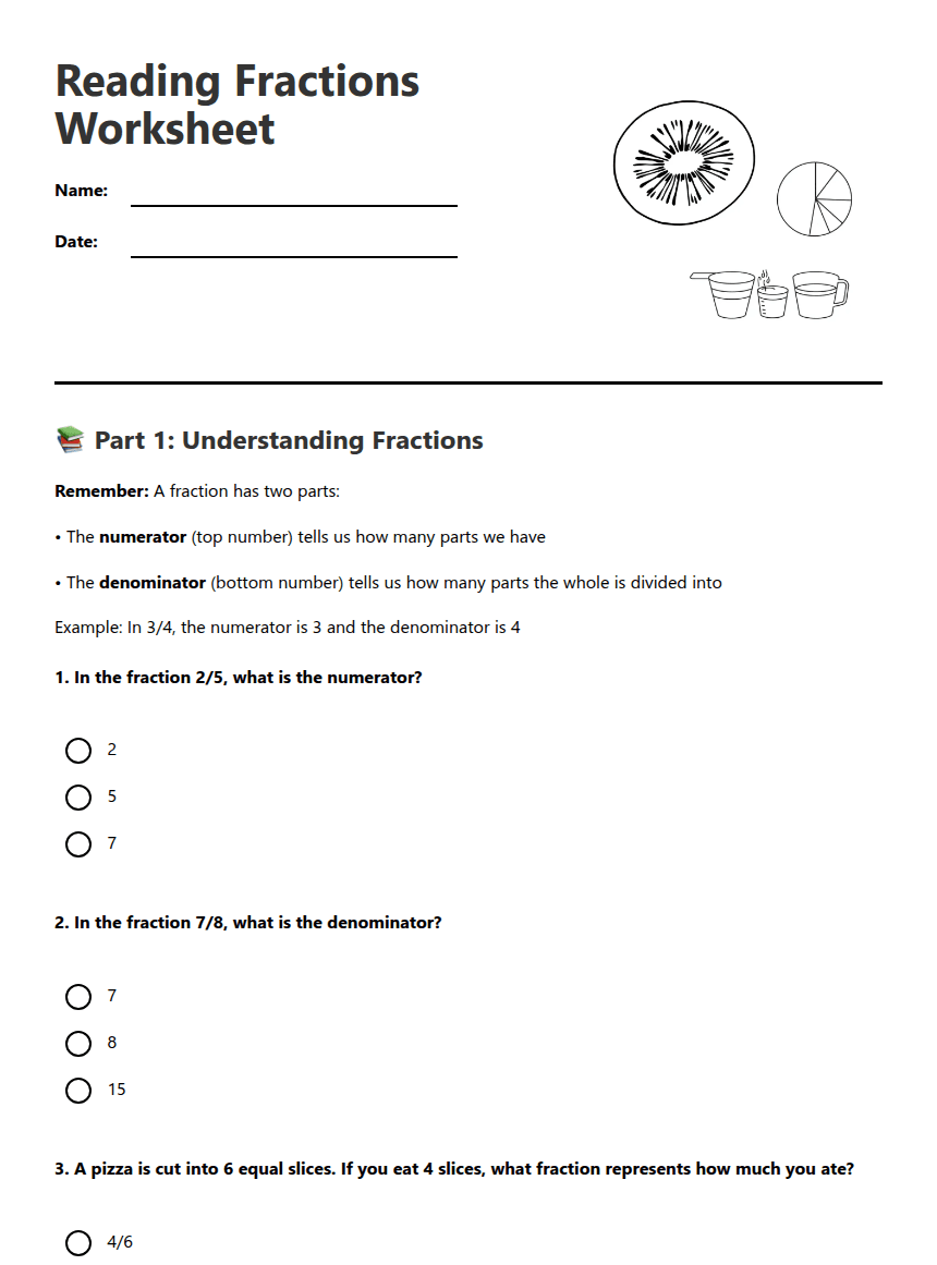 Reading Fractions Worksheet worksheet preview