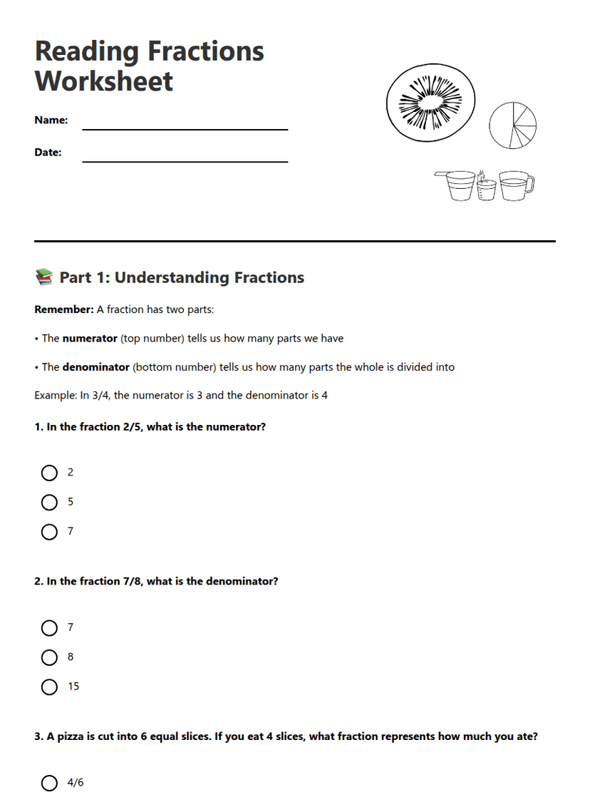 Reading Fractions Worksheet