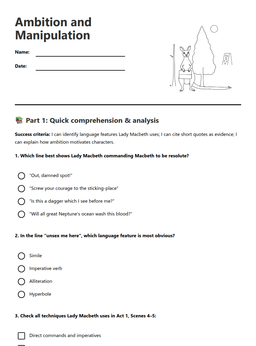 Ambition and Manipulation worksheet preview