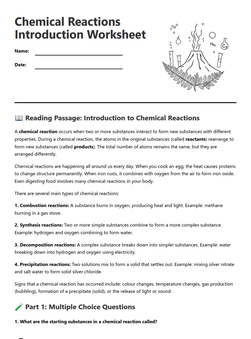 Chemical Reactions Introduction Worksheet