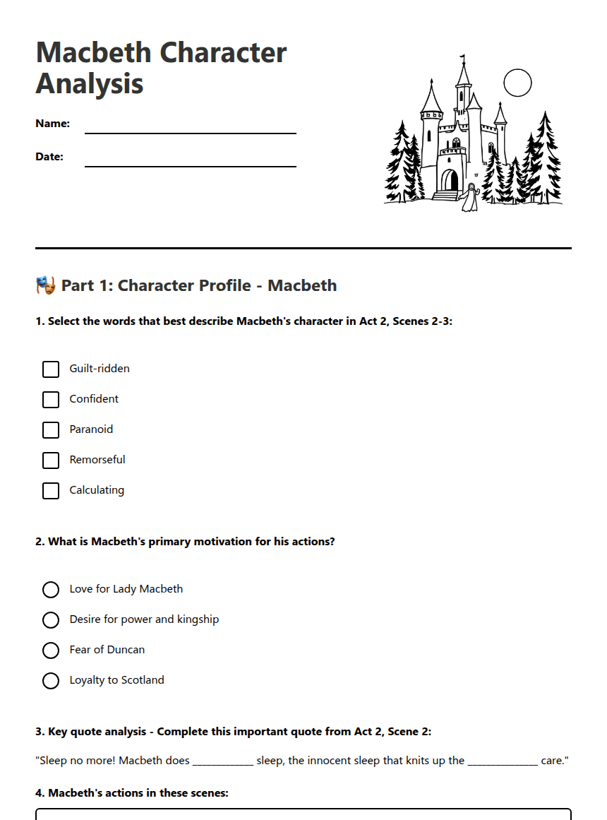 Macbeth Character Analysis worksheet preview