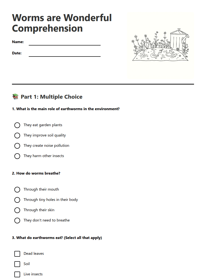 Worms are Wonderful Comprehension worksheet preview