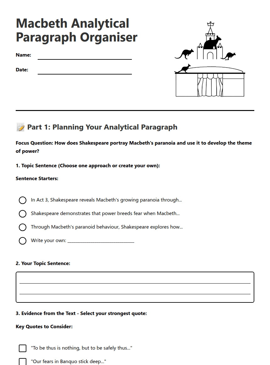 Macbeth Analytical Paragraph Organiser worksheet preview