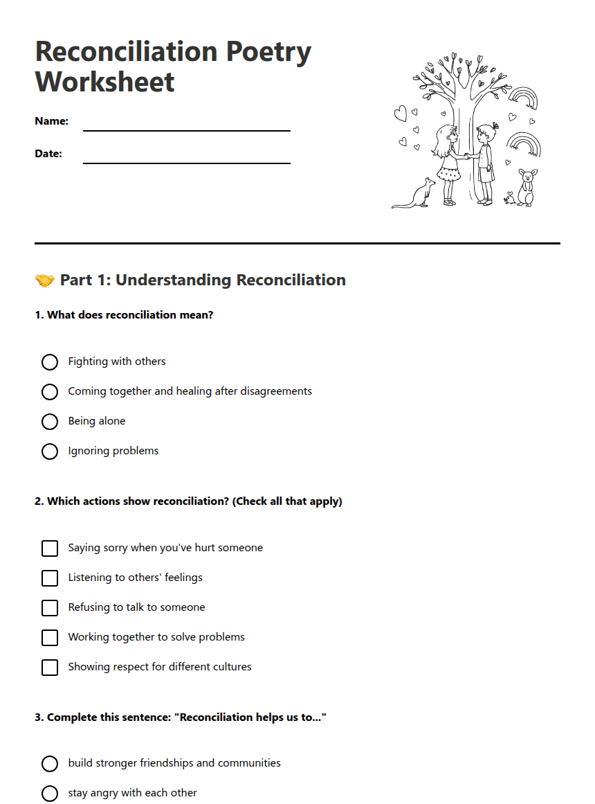 Reconciliation Poetry Worksheet worksheet preview