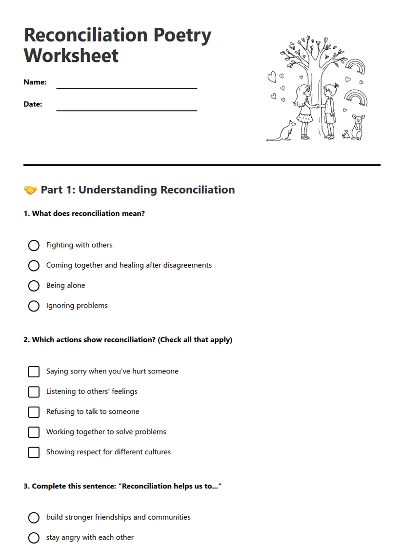 Reconciliation Poetry Worksheet