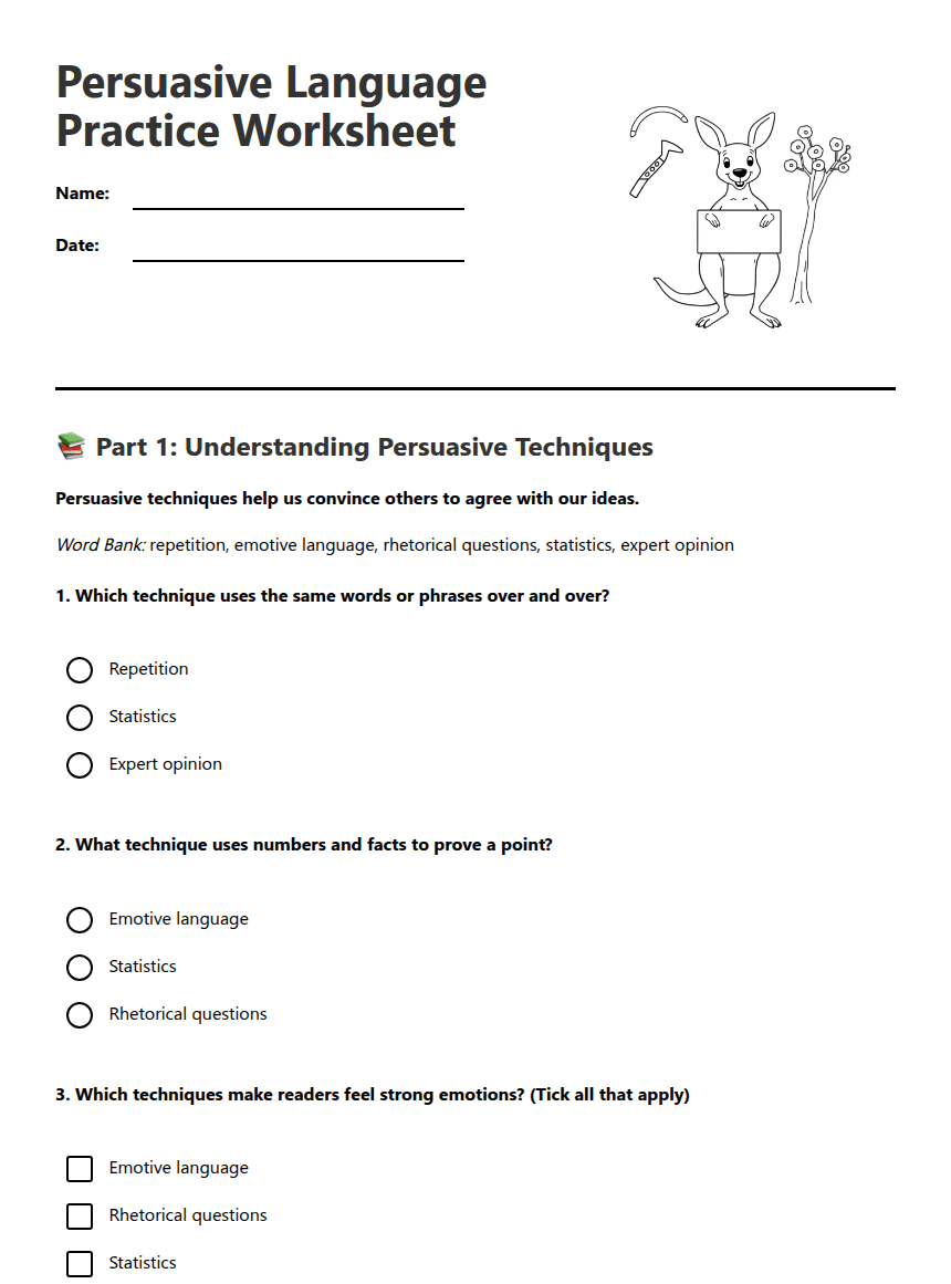 Persuasive Language Practice Worksheet worksheet preview