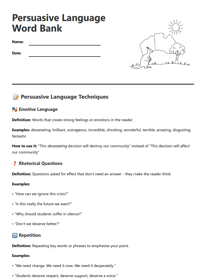 Persuasive Language Word Bank worksheet preview