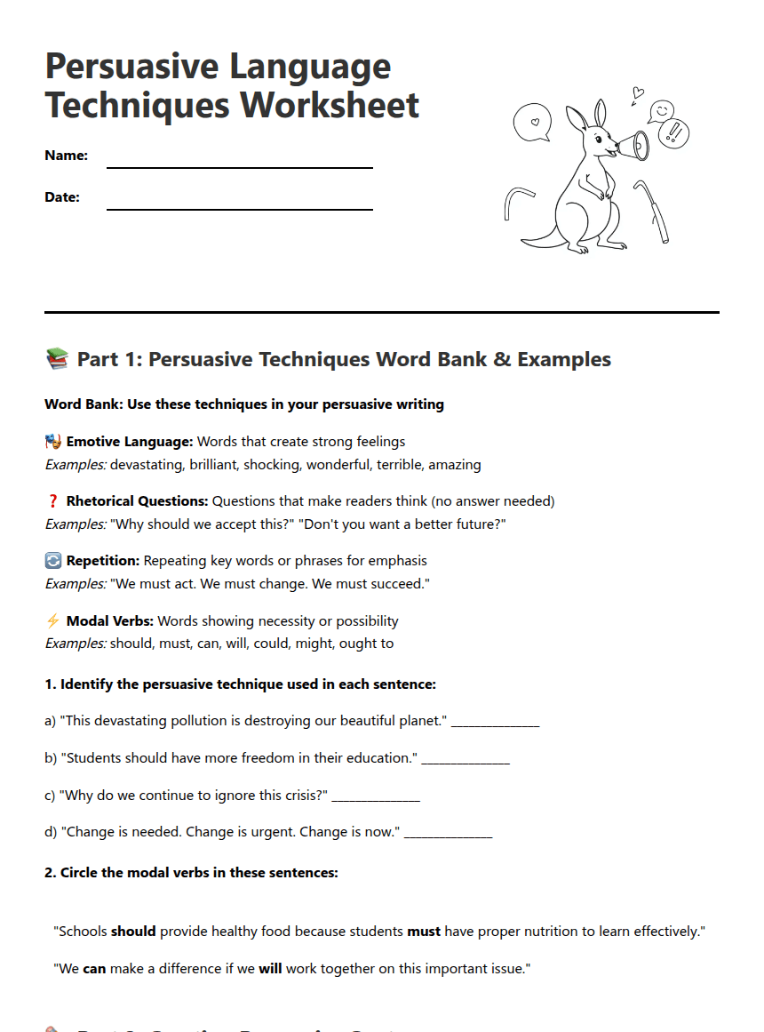 Persuasive Language Techniques Worksheet worksheet preview