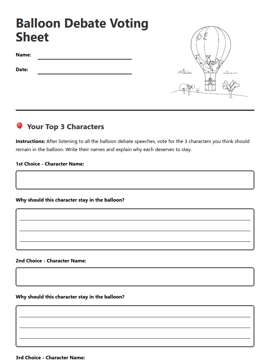 Balloon Debate Voting Sheet worksheet preview