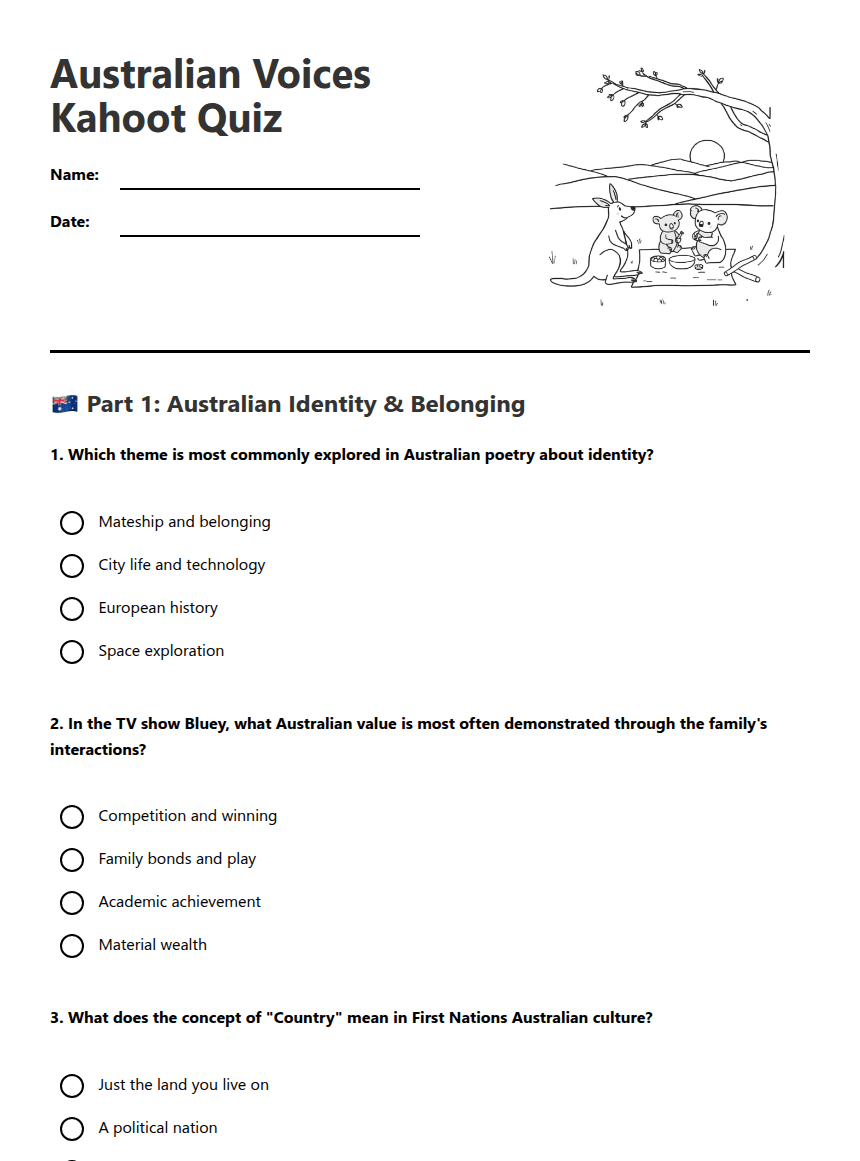 Australian Voices Kahoot Quiz worksheet preview