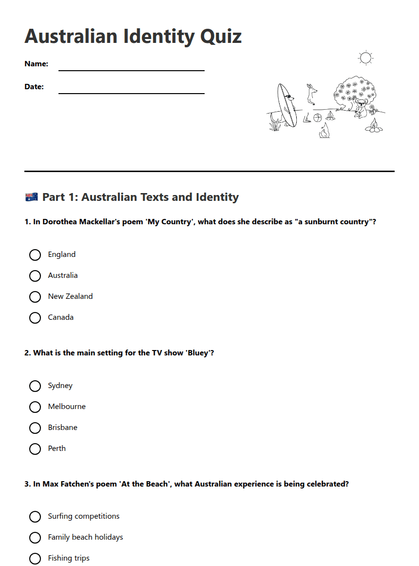 Australian Identity Quiz worksheet preview