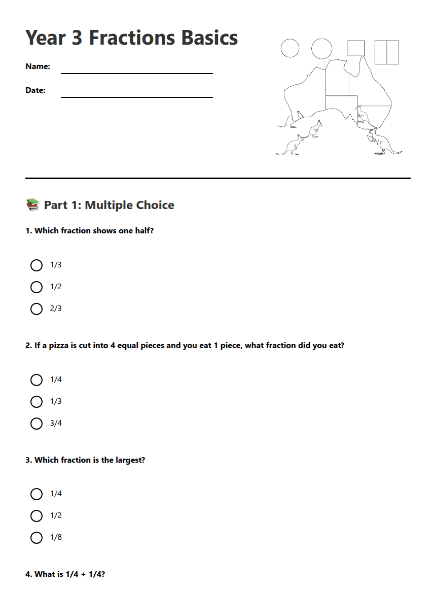 Year 3 Fractions Basics worksheet preview