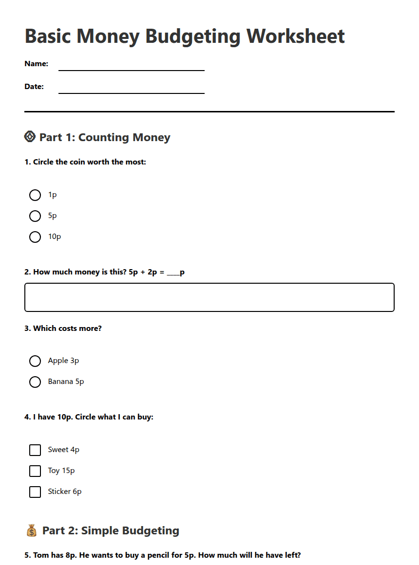 Basic Money Budgeting Worksheet worksheet preview