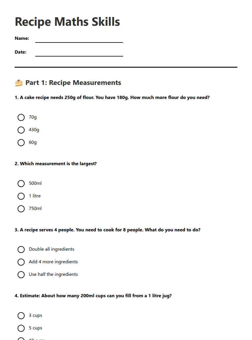 Recipe Math Skills worksheet preview