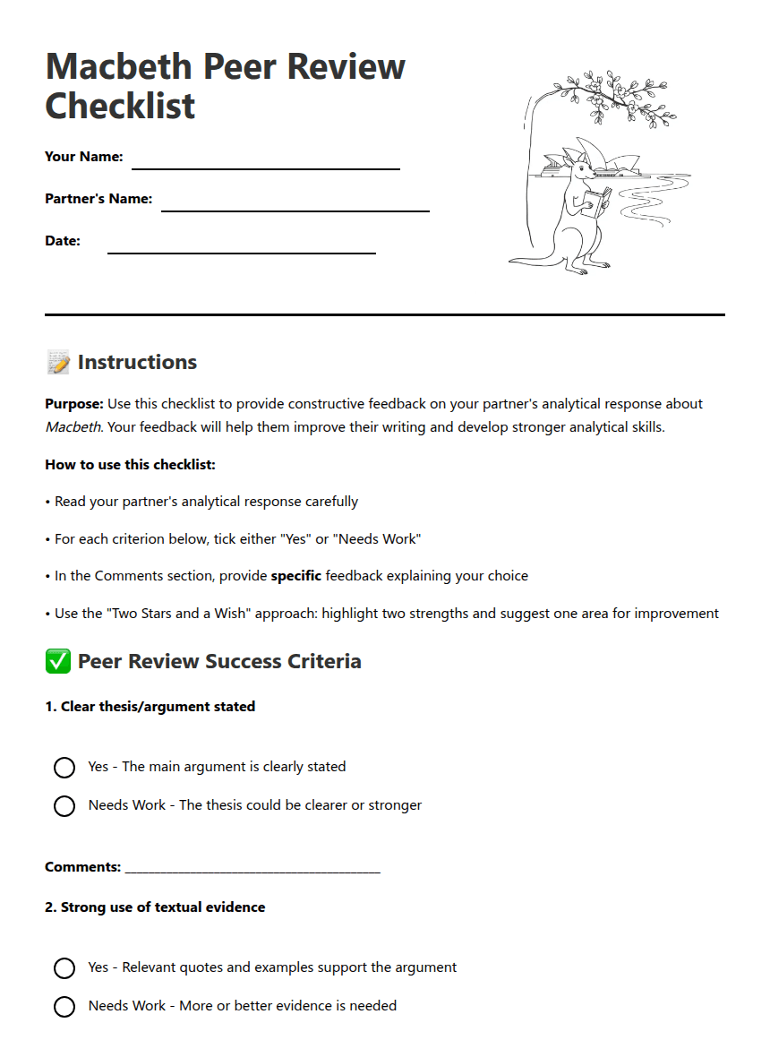 Macbeth Peer Review Checklist worksheet preview
