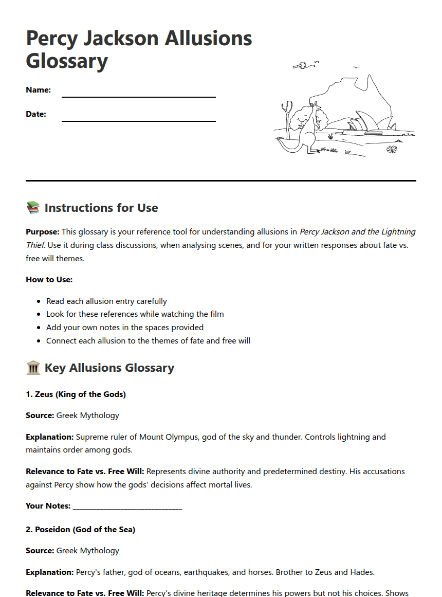 Percy Jackson Allusions Glossary worksheet preview