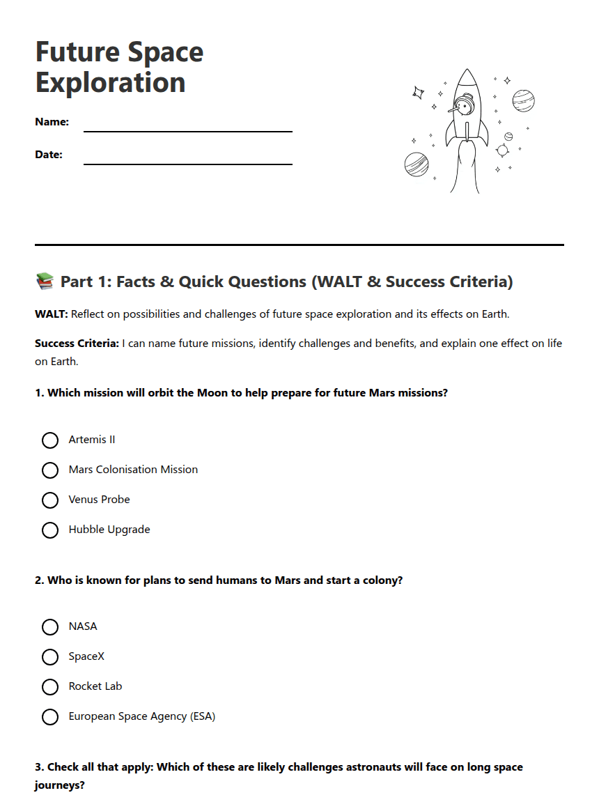 Future Space Exploration worksheet preview