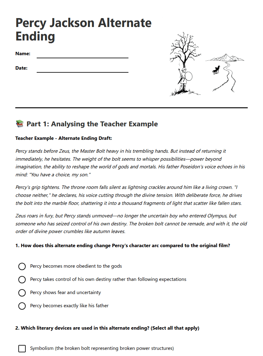 Percy Jackson Alternate Ending worksheet preview