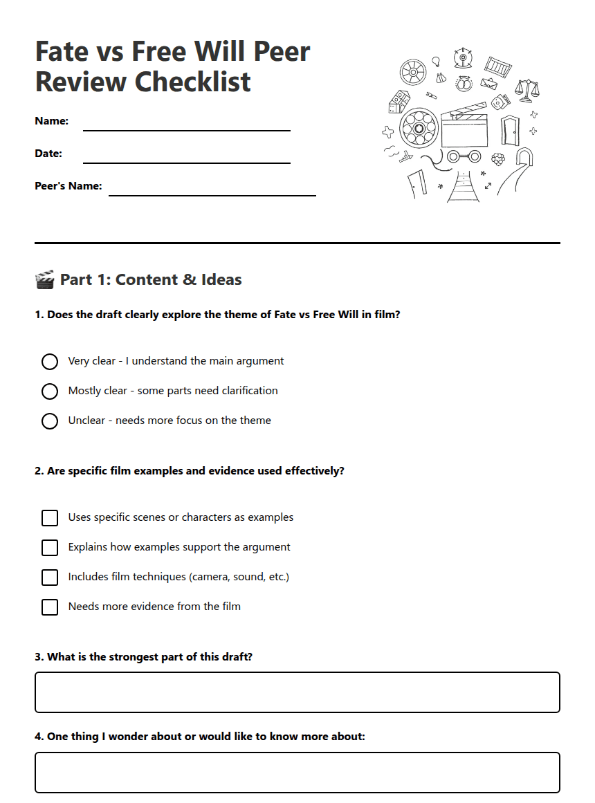 Fate vs Free Will Peer Review Checklist worksheet preview