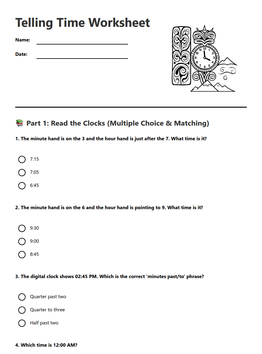 Telling Time Worksheet worksheet preview