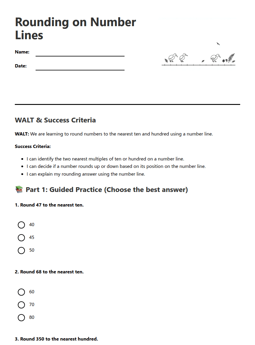 Rounding on Number Lines worksheet preview