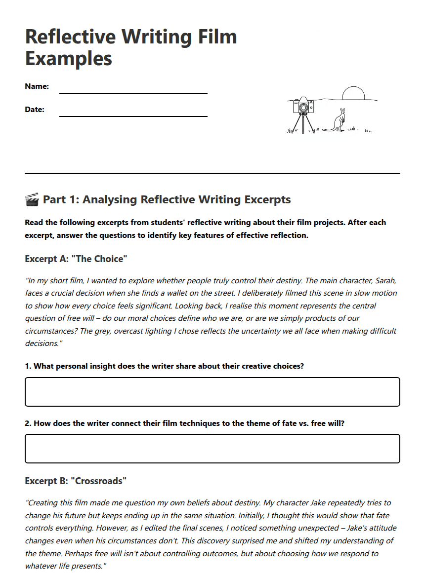 Reflective Writing Film Examples worksheet preview