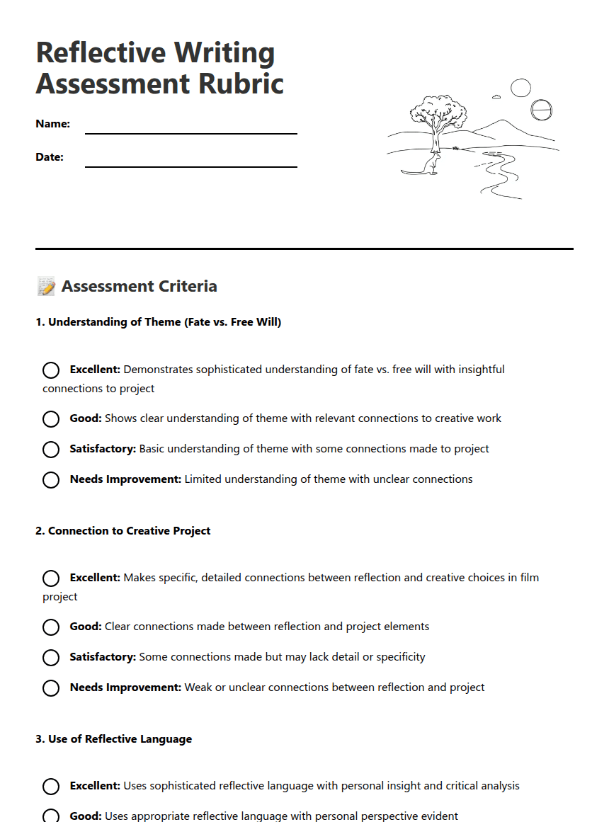 Reflective Writing Assessment Rubric worksheet preview