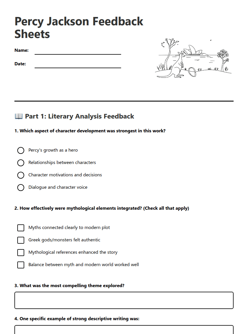 Percy Jackson Feedback Sheets worksheet preview