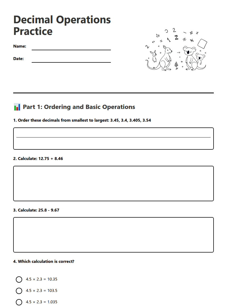 Decimal Operations Practice worksheet preview