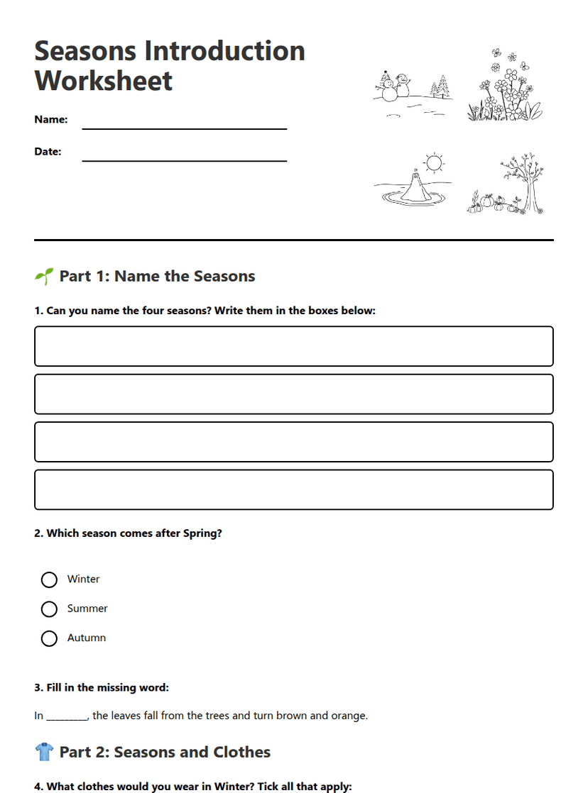 Seasons Introduction Worksheet