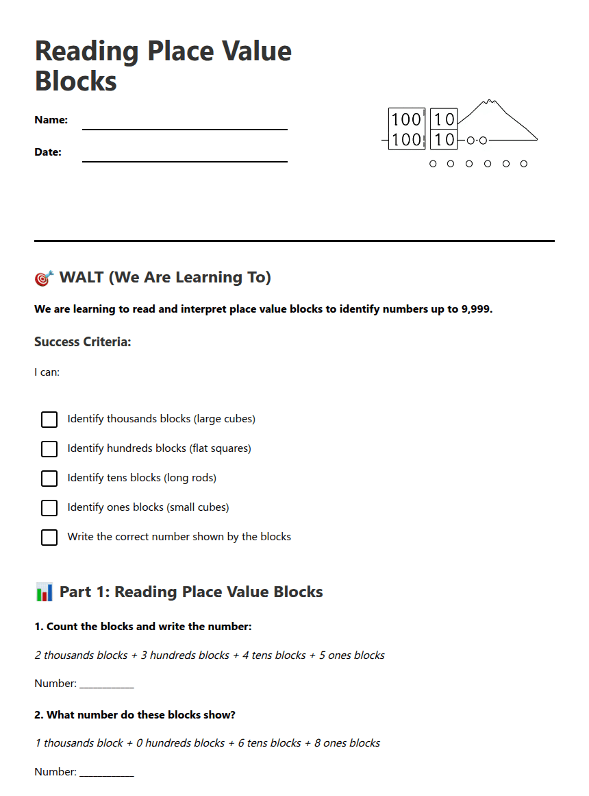 Reading Place Value Blocks worksheet preview