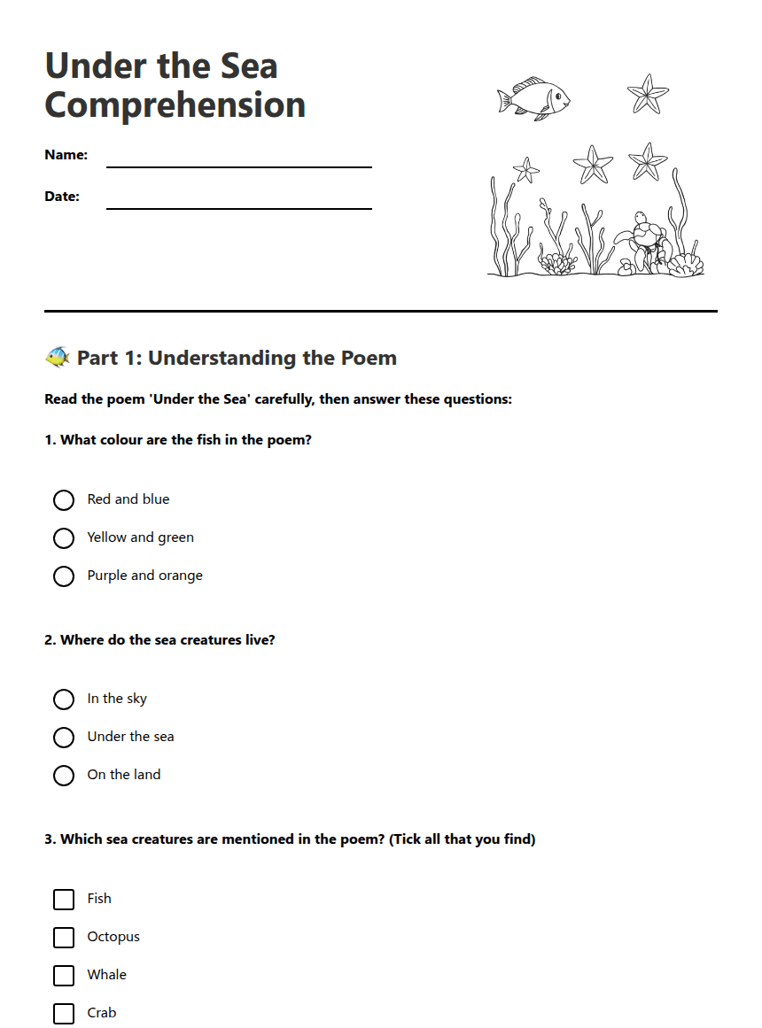 Under the Sea Comprehension worksheet preview