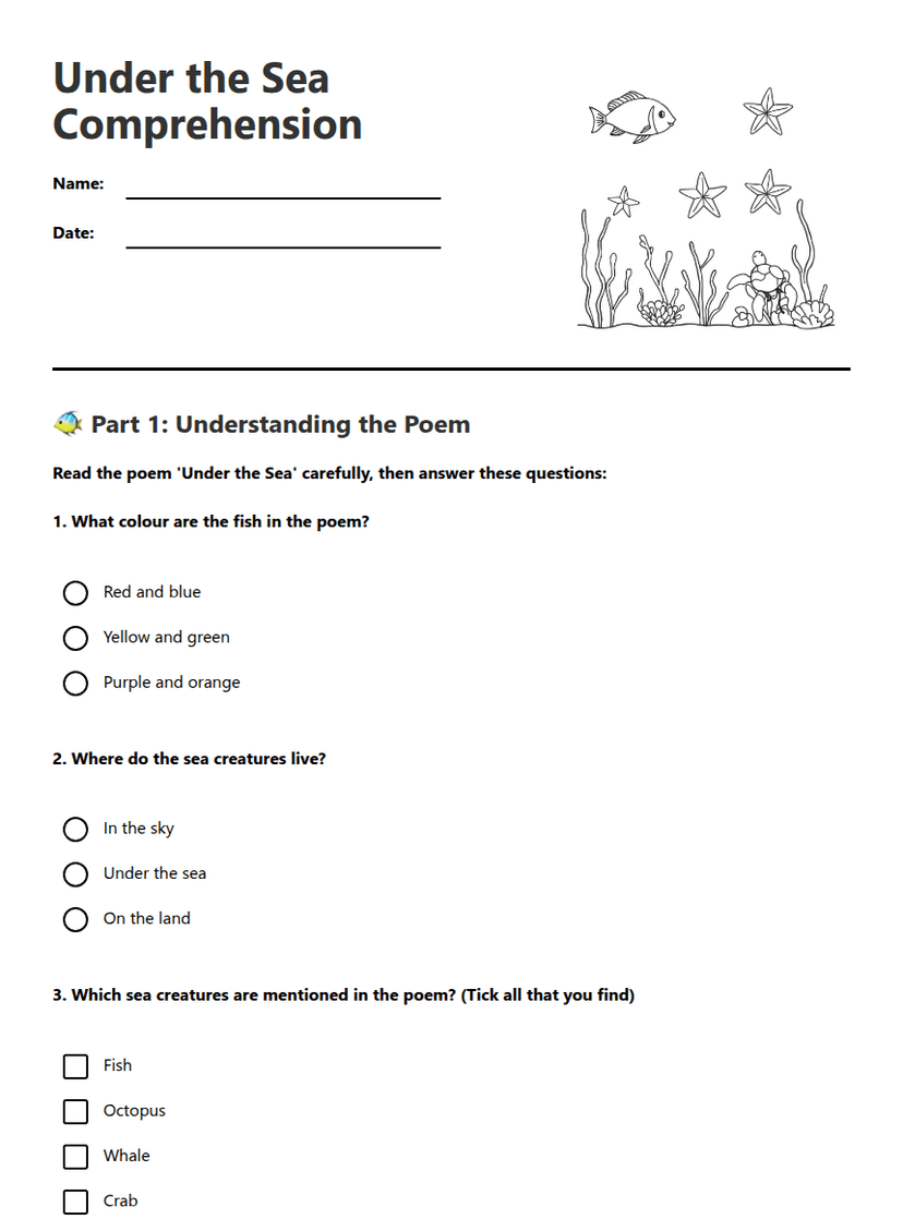 Under the Sea Comprehension
