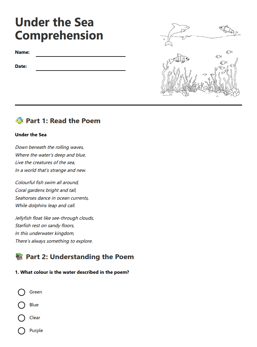 Under the Sea Comprehension worksheet preview
