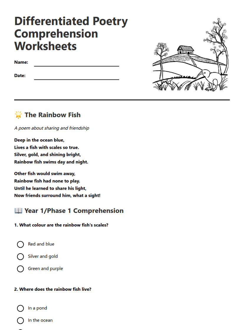 Differentiated Poetry Comprehension Worksheets