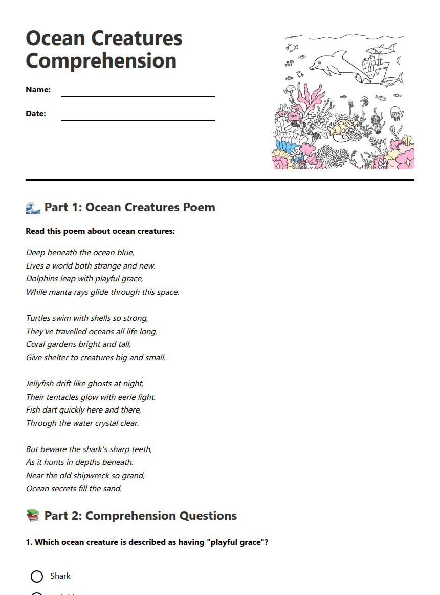 Ocean Creatures Comprehension worksheet preview