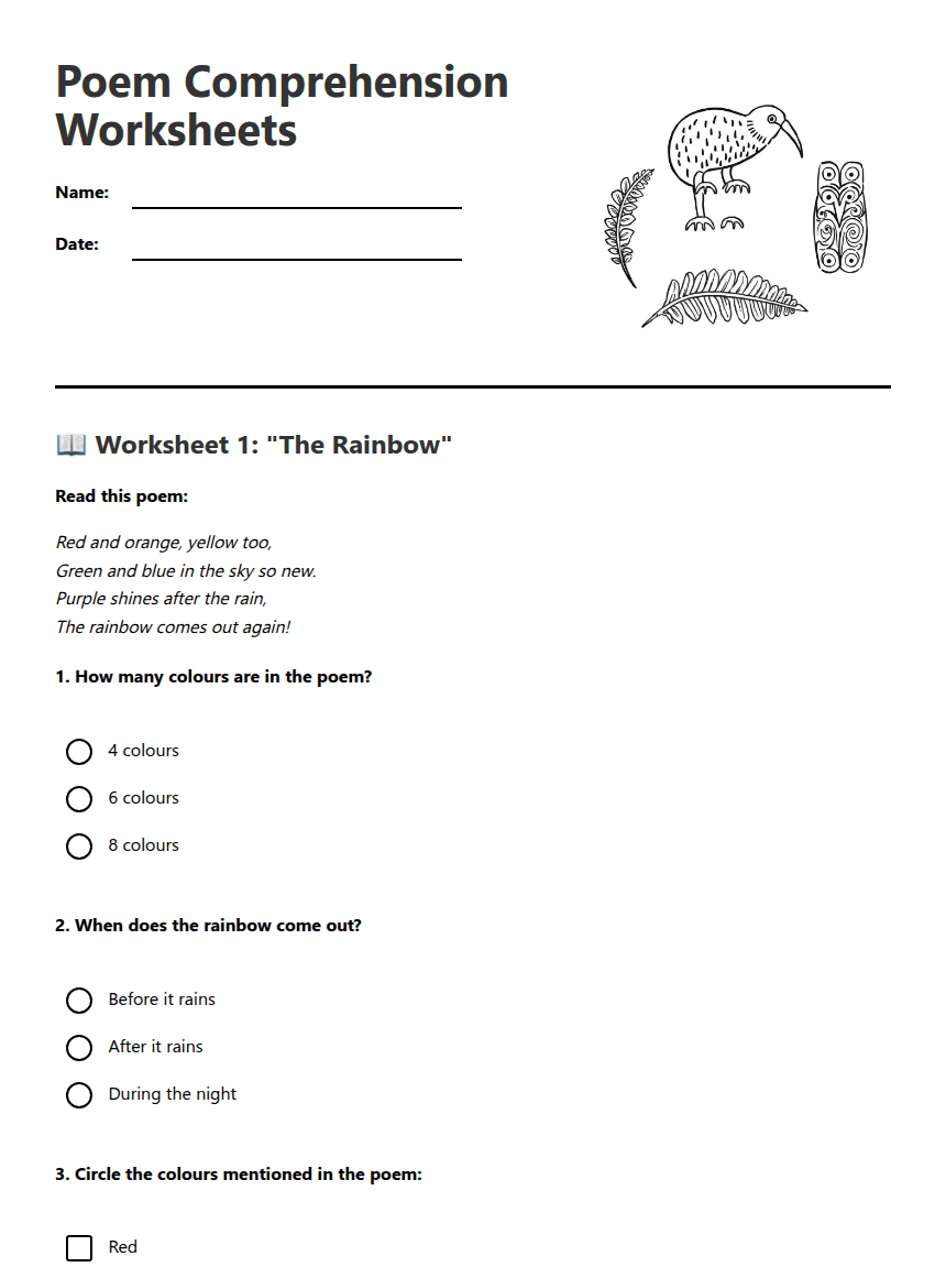 Poem Comprehension Worksheets worksheet preview