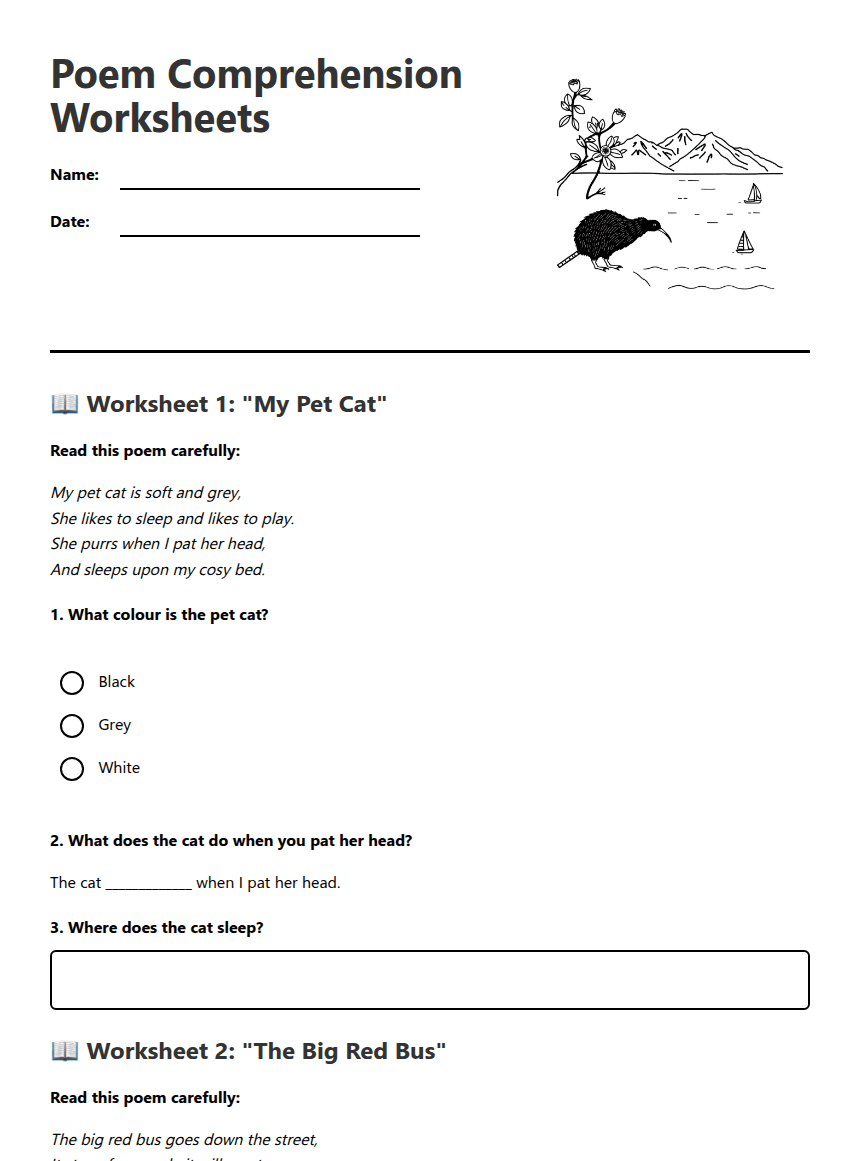 Poem Comprehension Worksheets worksheet preview