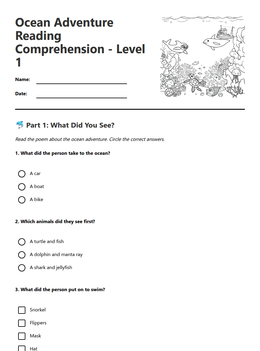 Ocean Adventure Reading Comprehension worksheet preview