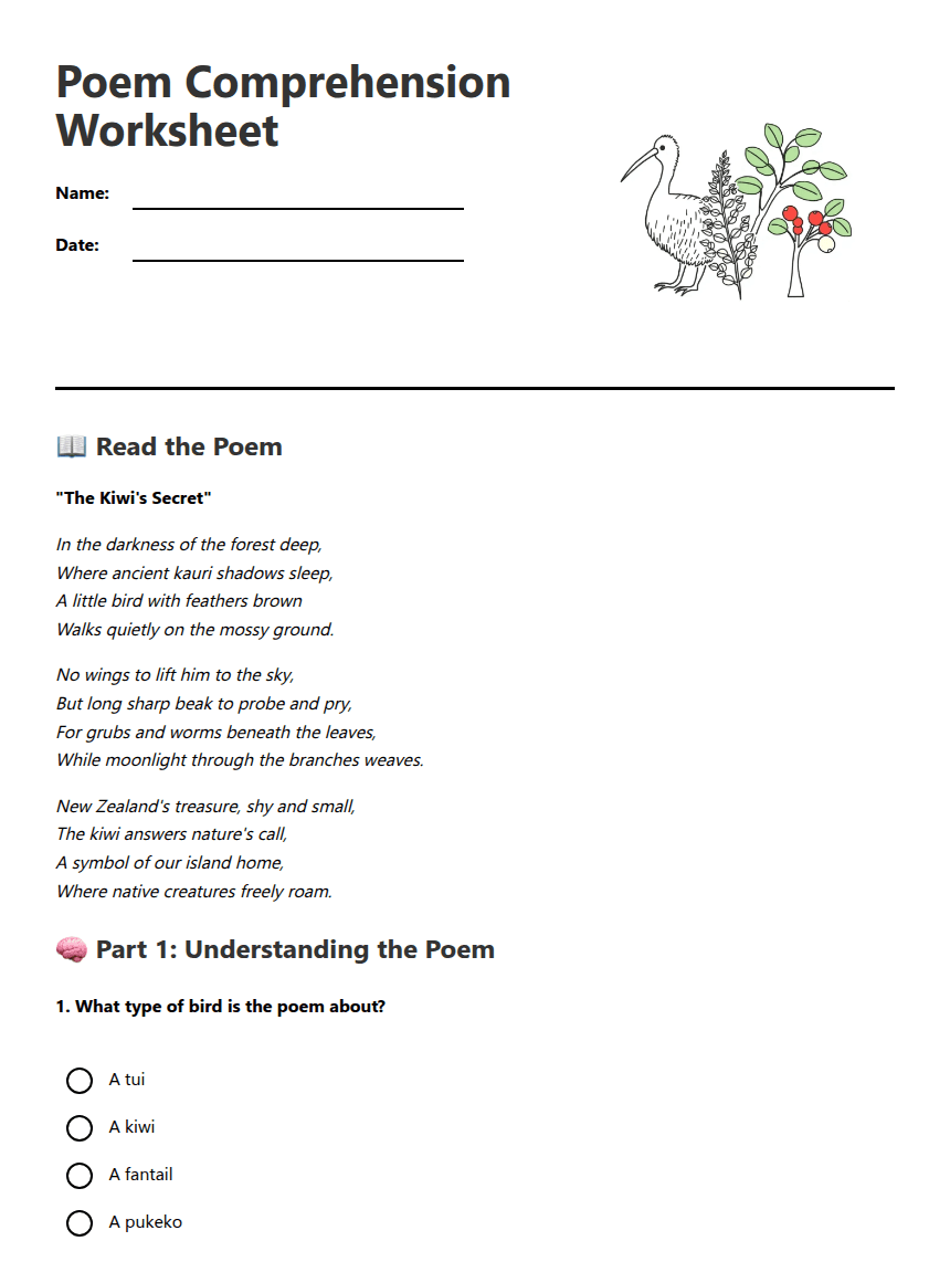 Poem Comprehension Worksheet worksheet preview