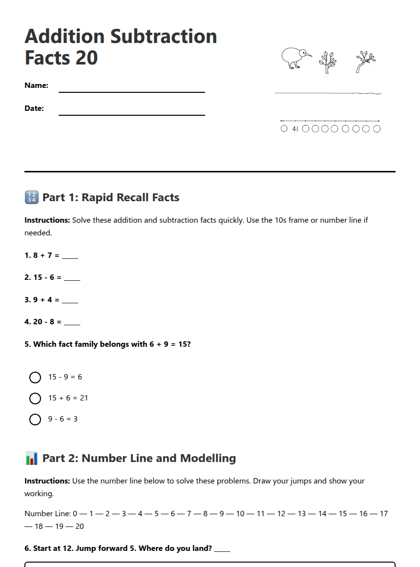Addition Subtraction Facts 20 worksheet preview
