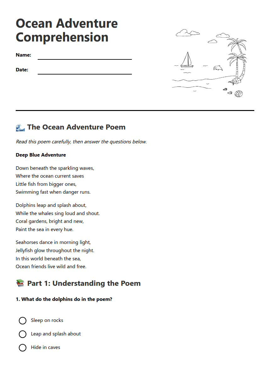 Ocean Adventure Comprehension worksheet preview